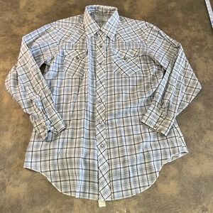 H Bar C Western Shirt Mens XL 17-34 Blue Plaid Pearl Snap *SEE FLAW*